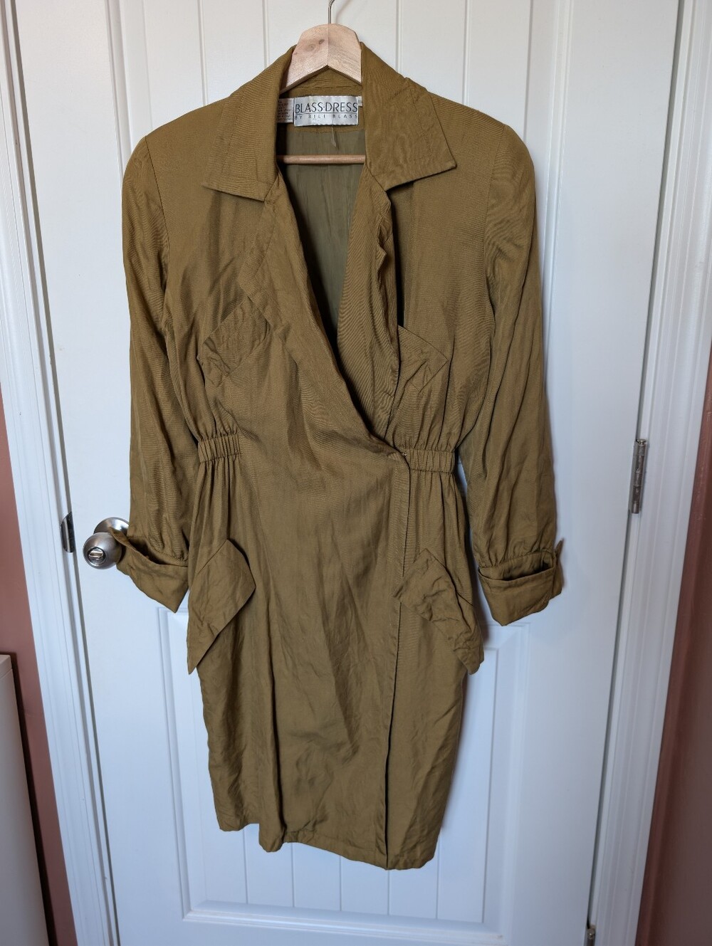 Vintage Bill Blass Silk Trench Dress W4 Khaki Green